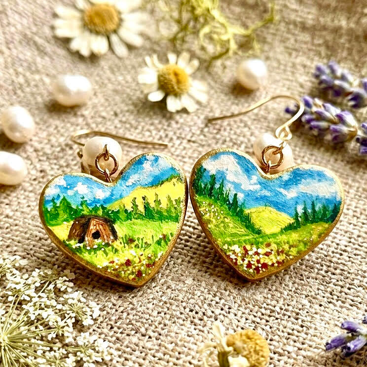Handpainted Clay Landscape Earrings Handbemalte Ohrringe aus Ton mit Landschaftsmotiv