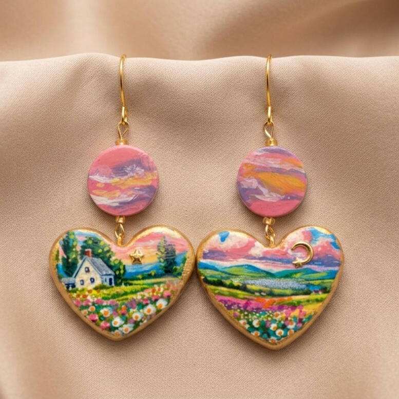 Handpainted Clay Pink Sunset Landscape Clay Earrings Handbemalte Ohrringe aus Ton mit rosa Sonnenuntergangs-Landschaftsmotiv