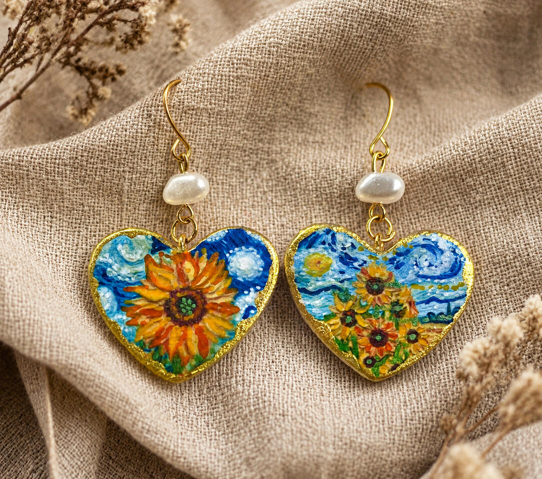 Handmade Sunflower Van Gogh Inspired Clay Earring Handgefertigter Ohrring aus Ton – Sonnenblume (inspiriert von Van Gogh)